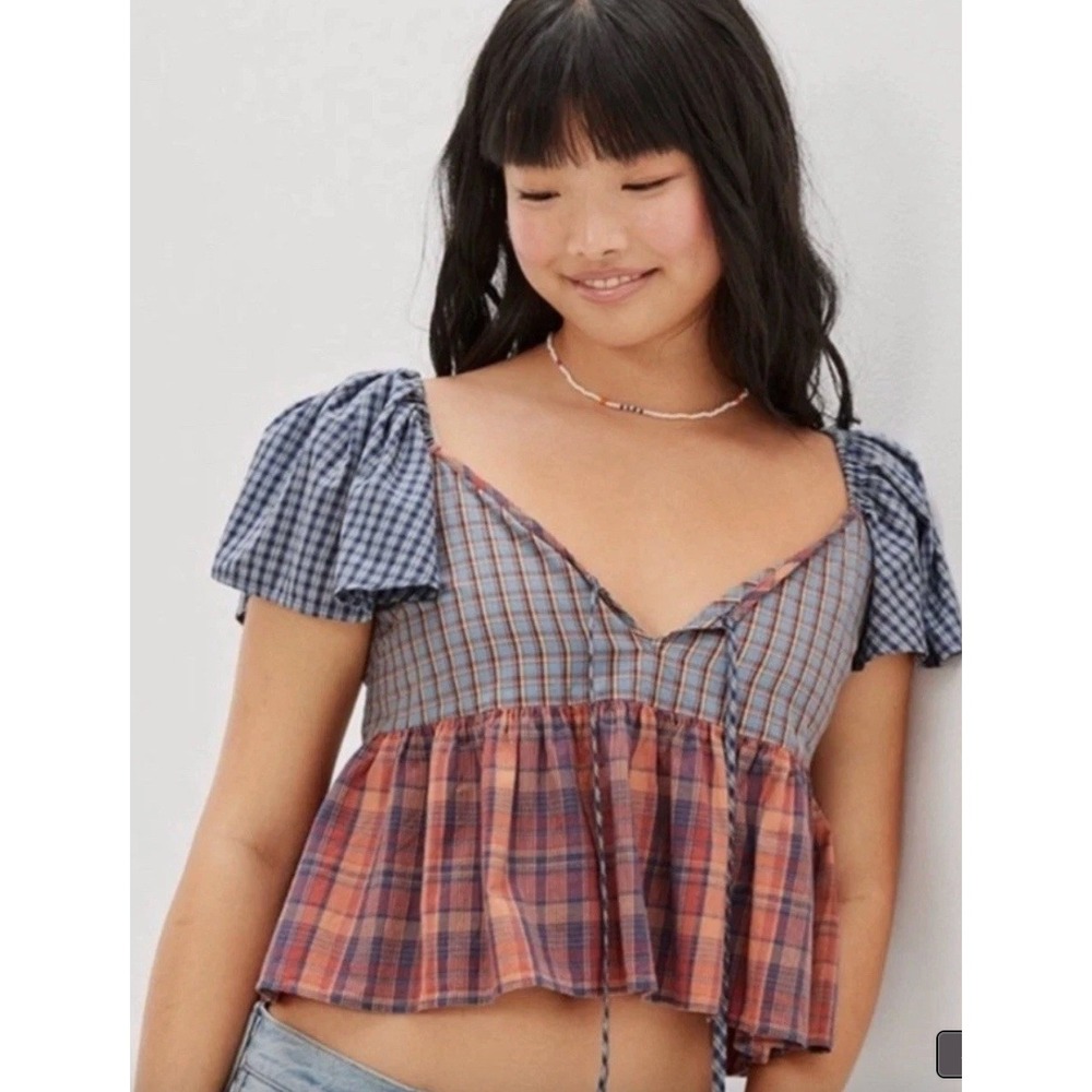 NEW American Eagle Plaid Peplum Top S Multicolor NWT Mixed Print Puff Sleeve